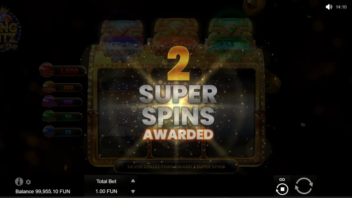 Tampilan visual slot Bling Blitz Diamond Drop dengan simbol berlian dan koin emas yang berkilau.