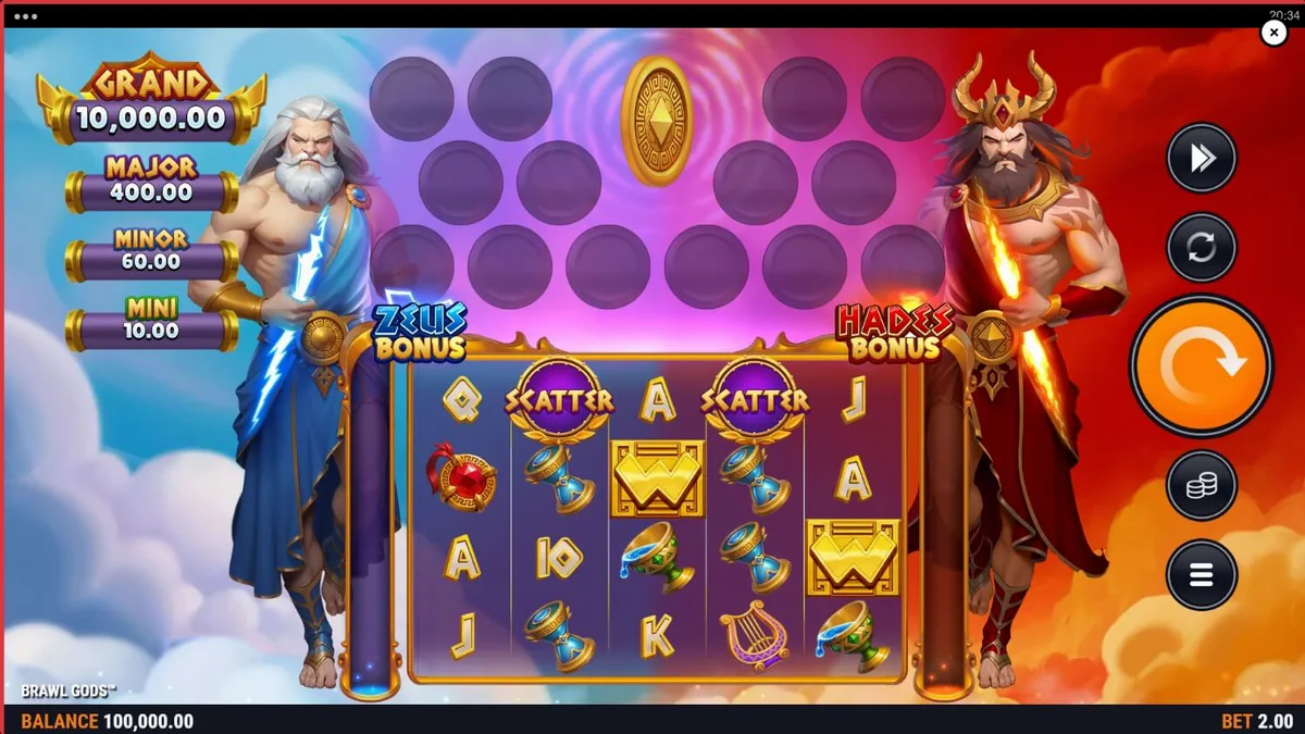 Tampilan antarmuka seluler slot Brawl Gods dengan desain layar terbagi Zeus dan Hades