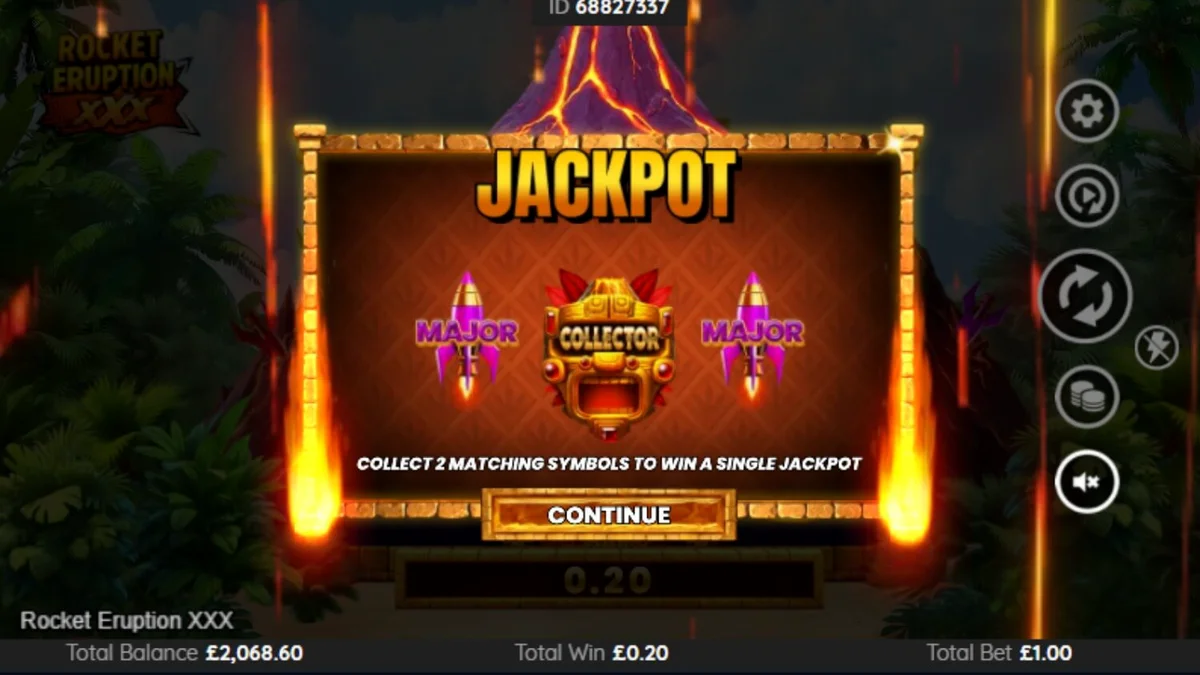 Tampilan visual slot Rocket Eruption XXX dengan tema gunung berapi dan neon retro
