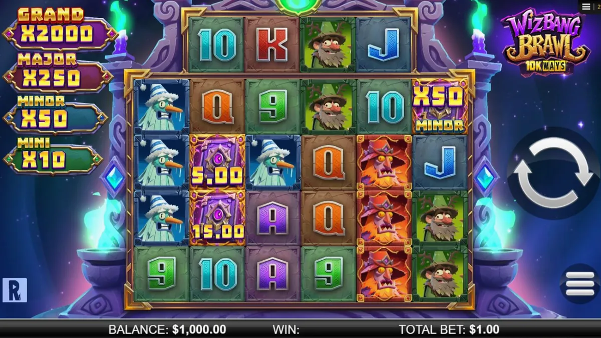Wizbang Brawl 10K Ways slot game interface with wizard characters