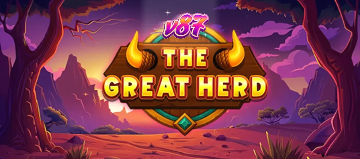 Visual bertema savana Afrika dalam slot The Great Herd dengan simbol kerbau dan pemandangan matahari terbenam.